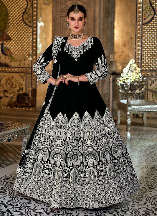 Anarkali Suit Velvet Black Embroidered Salwar Kameez