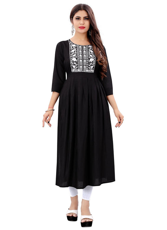 Casual Kurti Rayon Black Embroidered Kurtis