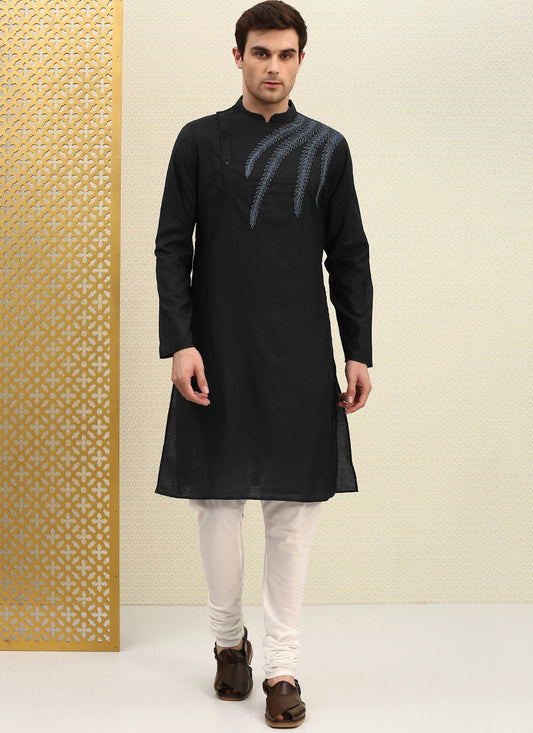 Kurta Pyjama Blended Cotton Black Embroidered Mens