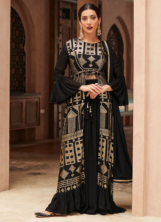 Salwar Suit Chinon Georgette Black Embroidered Salwar Kameez