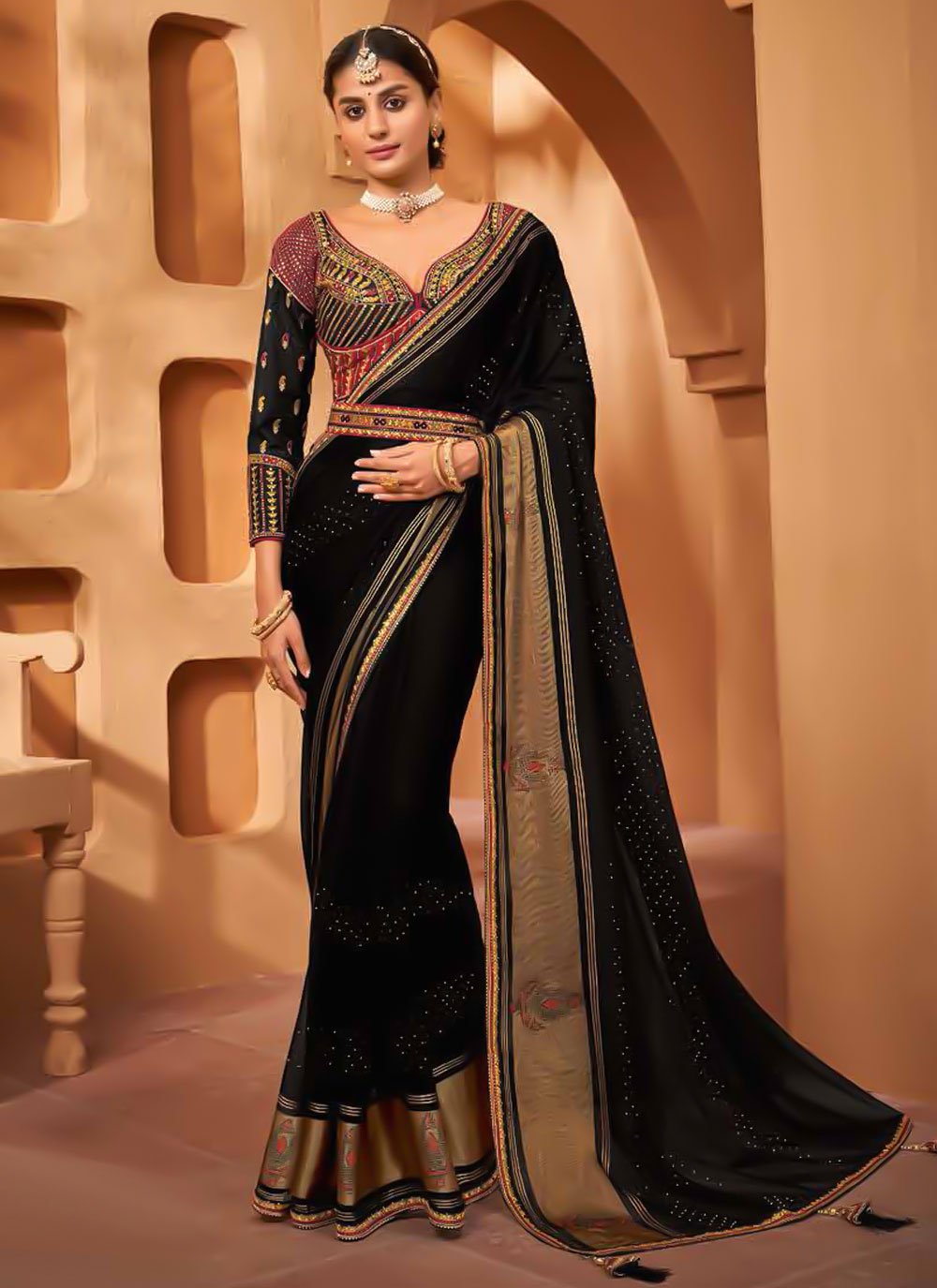 Classic Chiffon Black Embroidered Saree