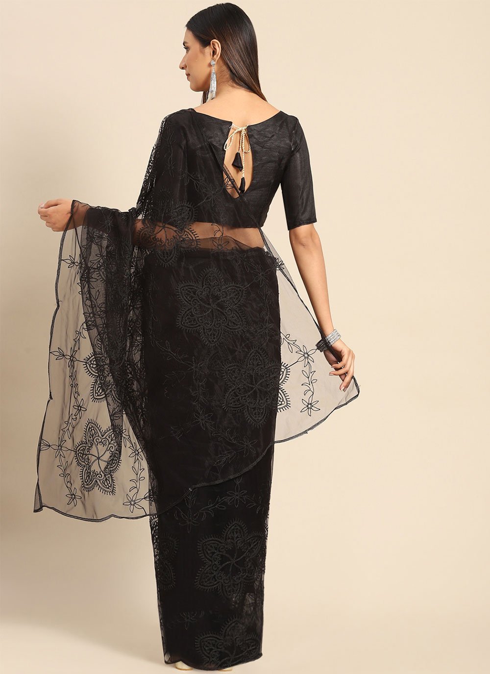 Contemporary Net Black Embroidered Saree