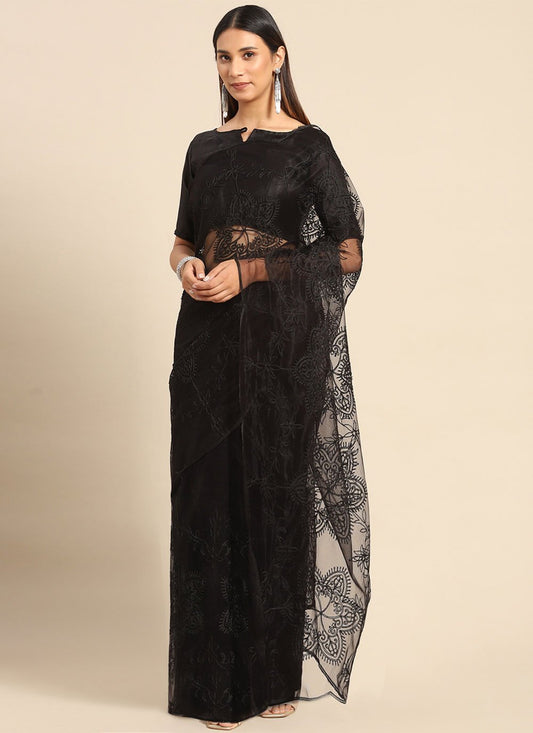 Contemporary Net Black Embroidered Saree