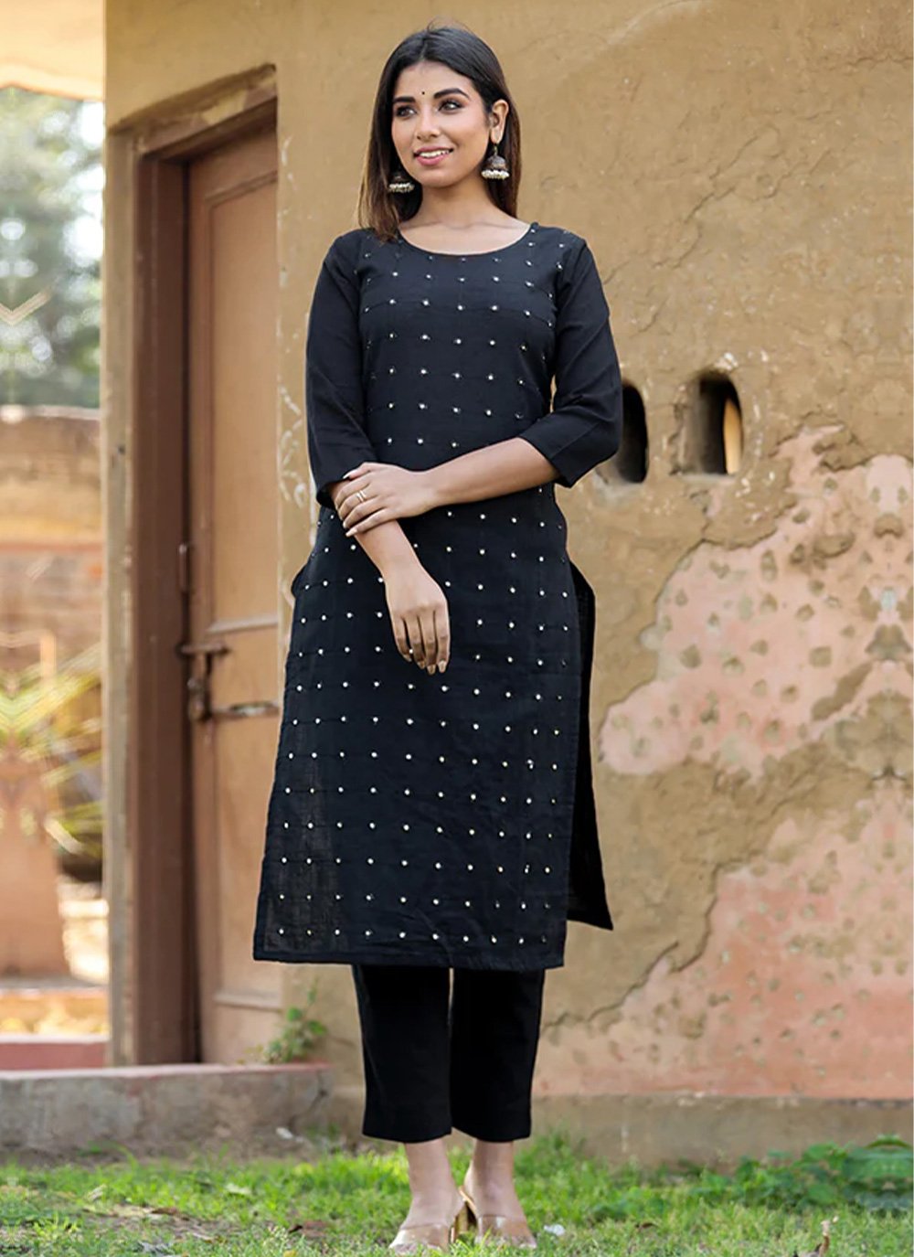 Designer Kurti Cotton Black Embroidered Kurtis