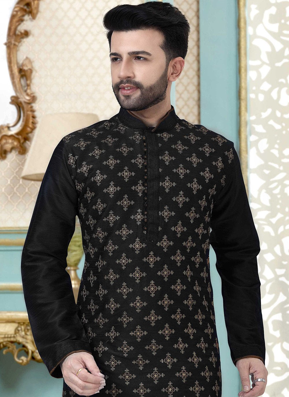 Kurta Pyjama Dupion Silk Black Embroidered Mens