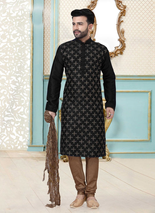 Kurta Pyjama Dupion Silk Black Embroidered Mens