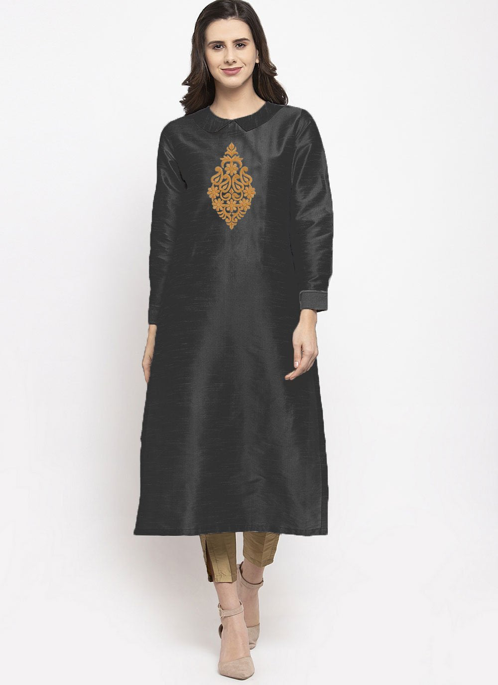 Party Wear Kurti Dupion Silk Black Embroidered Kurtis