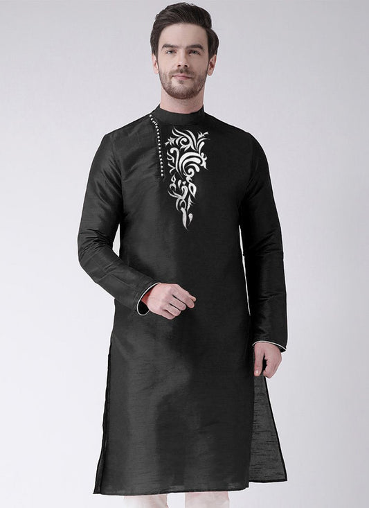 Angrakha Art Dupion Silk Black Embroidered Mens
