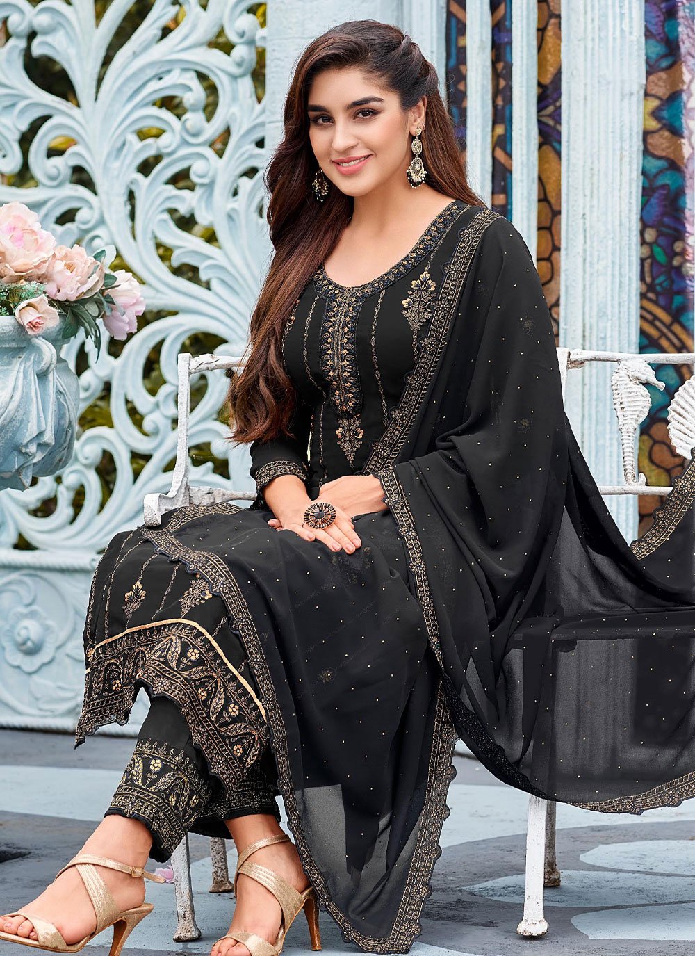 Salwar Suit Faux Georgette Black Embroidered Salwar Kameez Kajols Indian Pakistani Fashion Tailoring