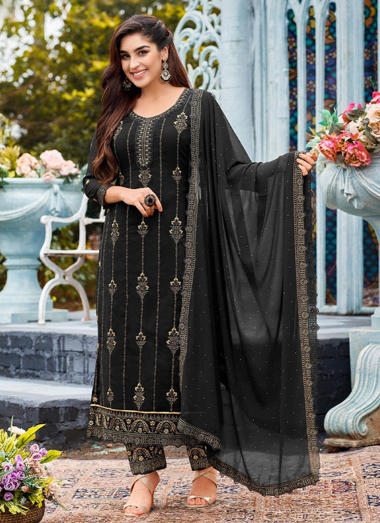 Salwar Suit Faux Georgette Black Embroidered Salwar Kameez