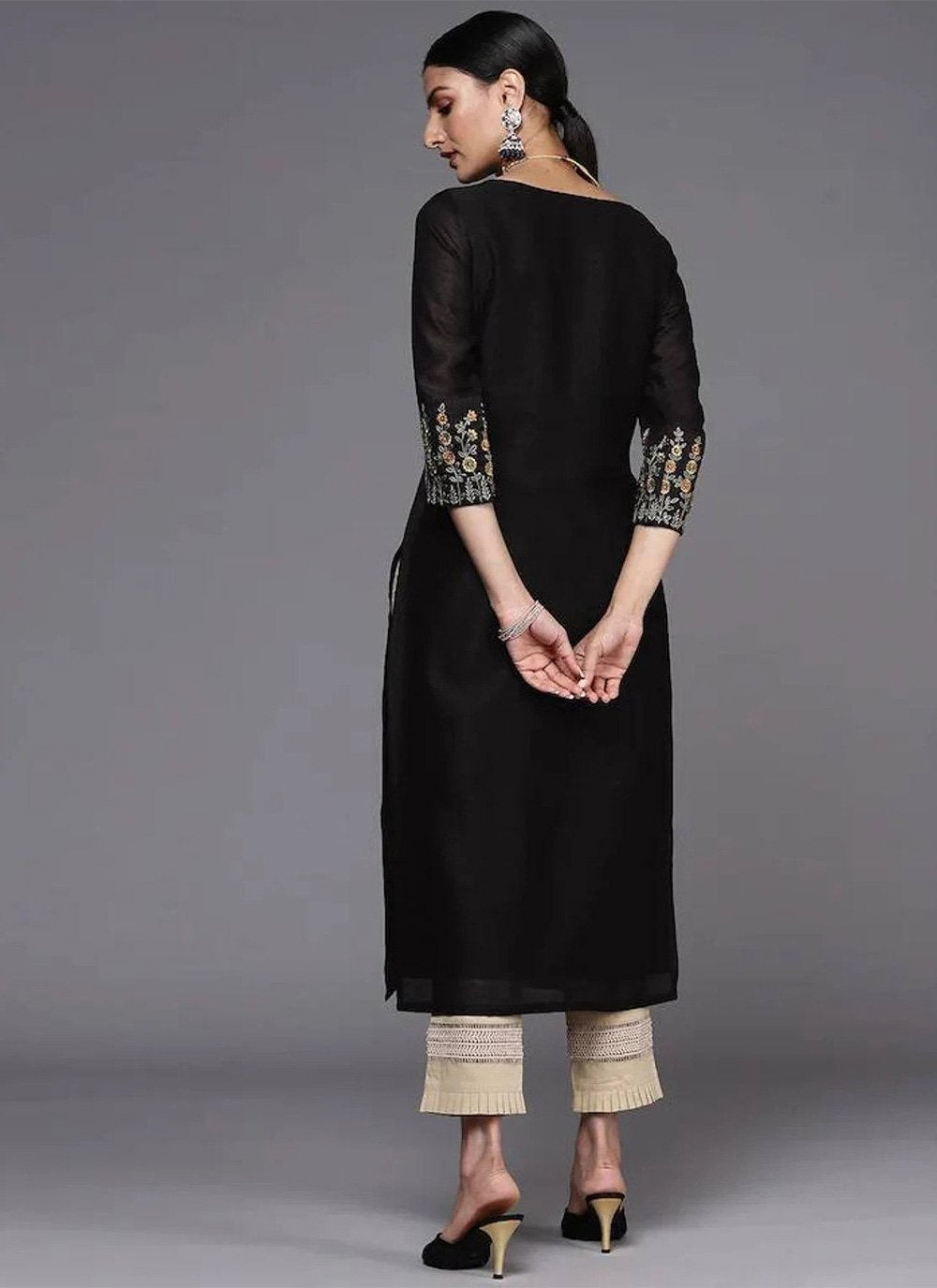 Designer Kurti Silk Black Embroidered Kurtis