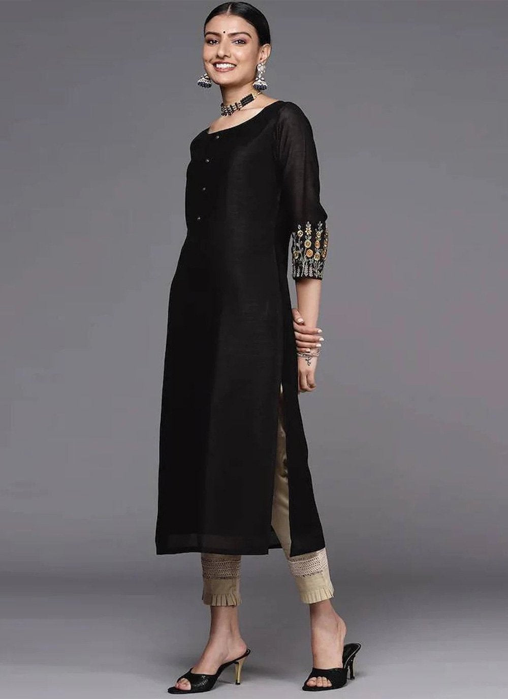 Designer Kurti Silk Black Embroidered Kurtis