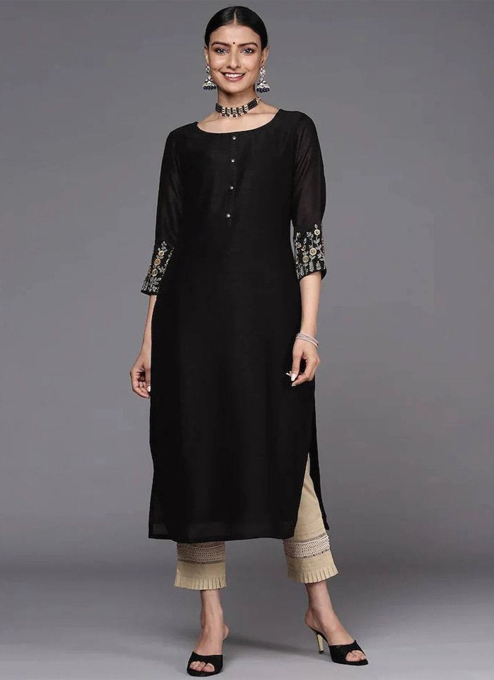 Designer Kurti Silk Black Embroidered Kurtis