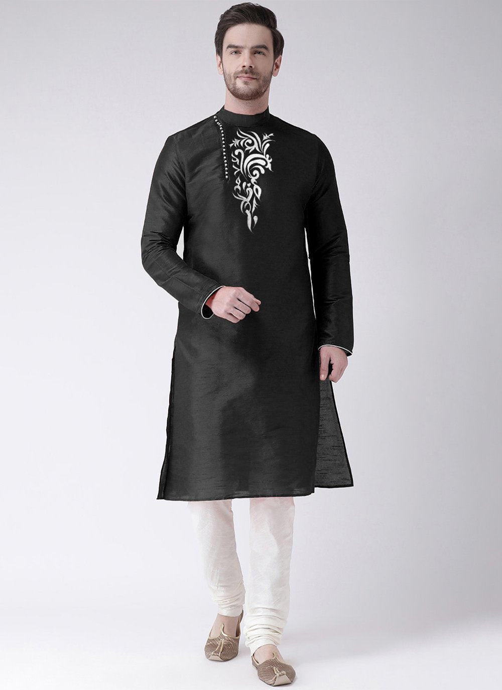 Kurta Pyjama Art Dupion Silk Black Embroidered Mens