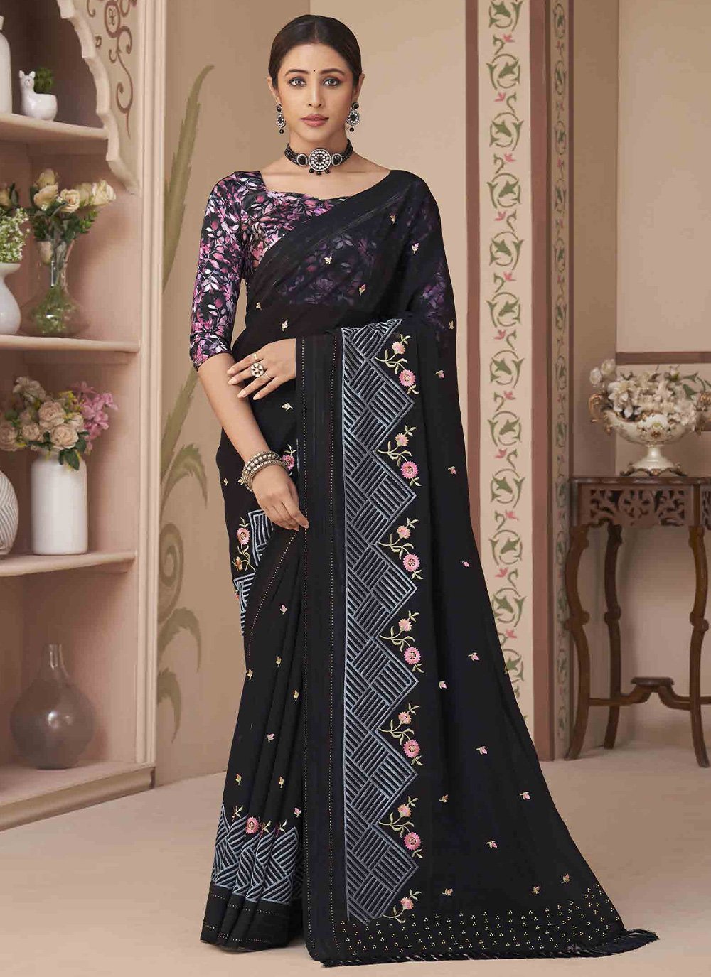 Classic Georgette Black Embroidered Saree