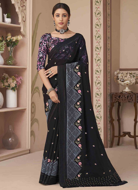 Classic Georgette Black Embroidered Saree