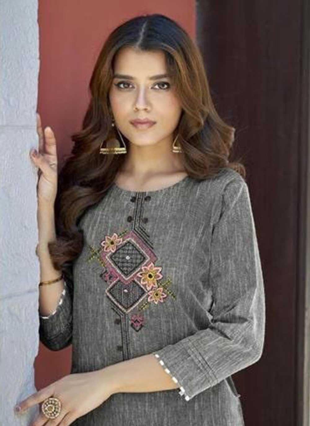 Casual Kurti Cotton Khadi Black Embroidered Kurtis