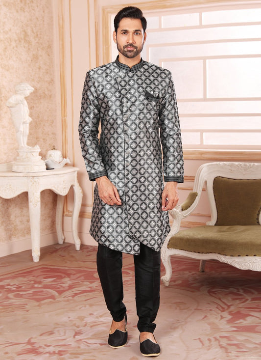 Indo Western Jacquard Black Embroidered Mens