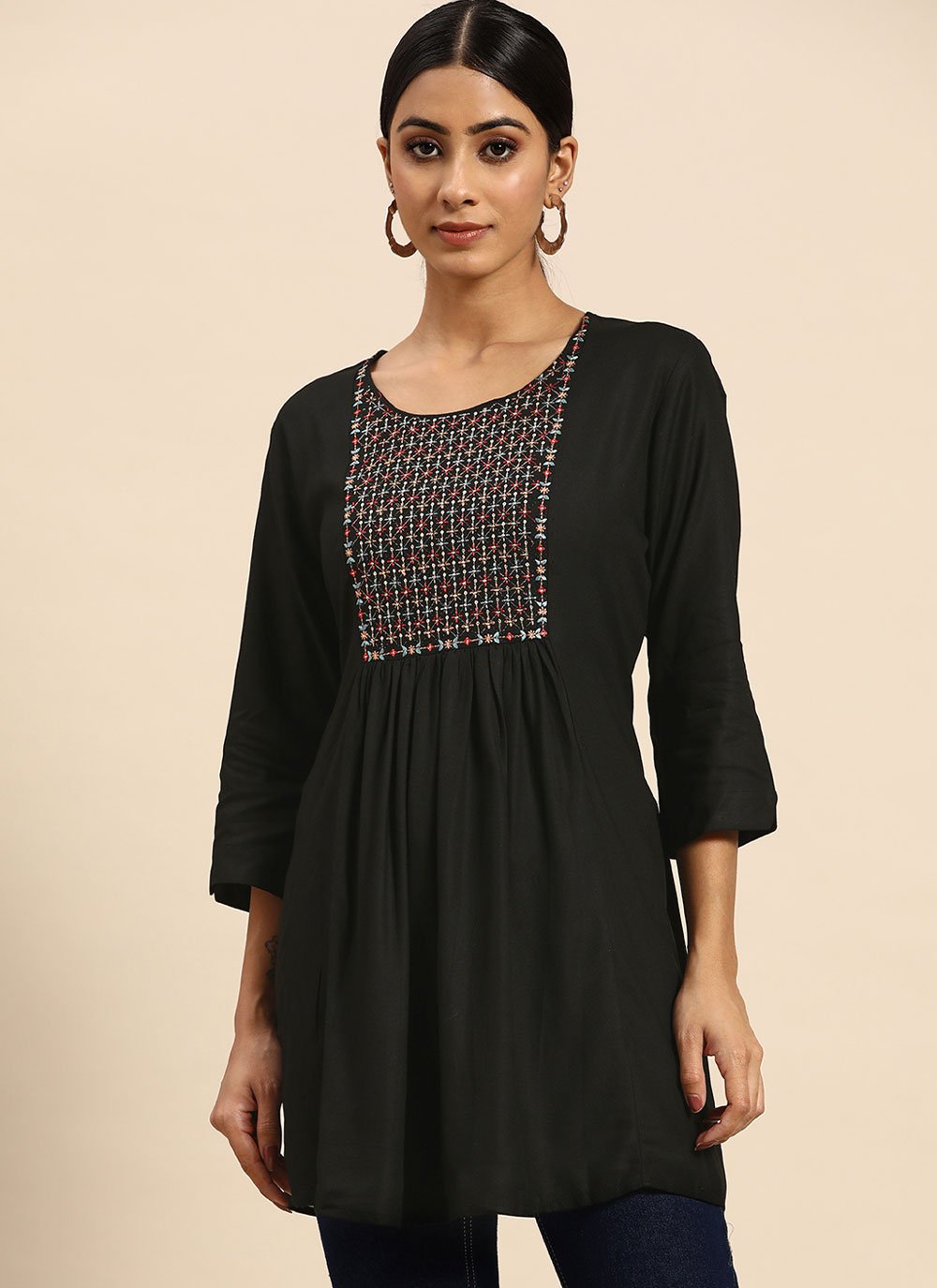 Party Wear Kurti Rayon Black Embroidered Kurtis