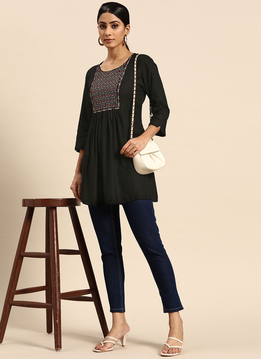 Party Wear Kurti Rayon Black Embroidered Kurtis