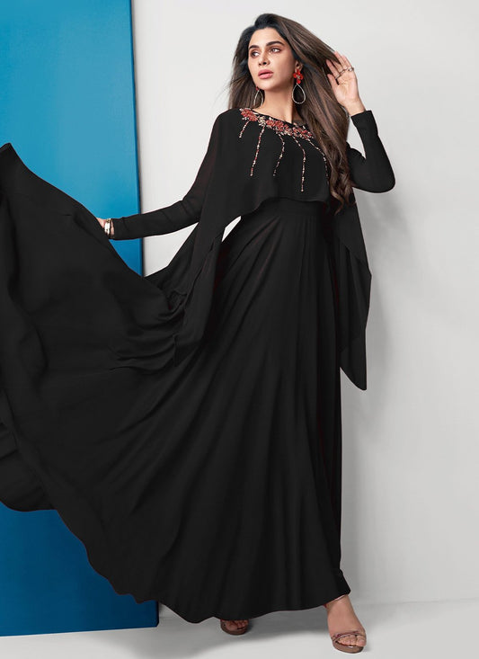 Gown Georgette Black Embroidered Gown