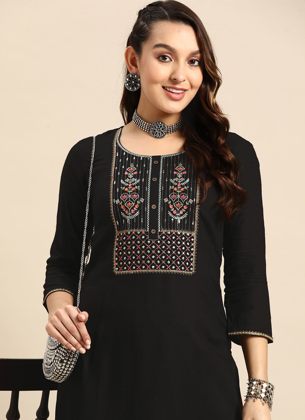 Party Wear Kurti Poly Rayon Black Embroidered Kurtis