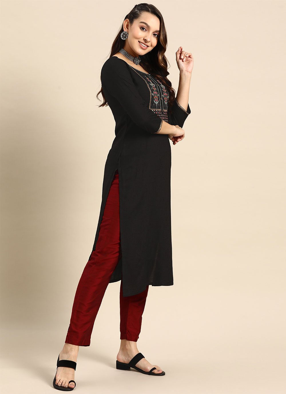 Party Wear Kurti Poly Rayon Black Embroidered Kurtis