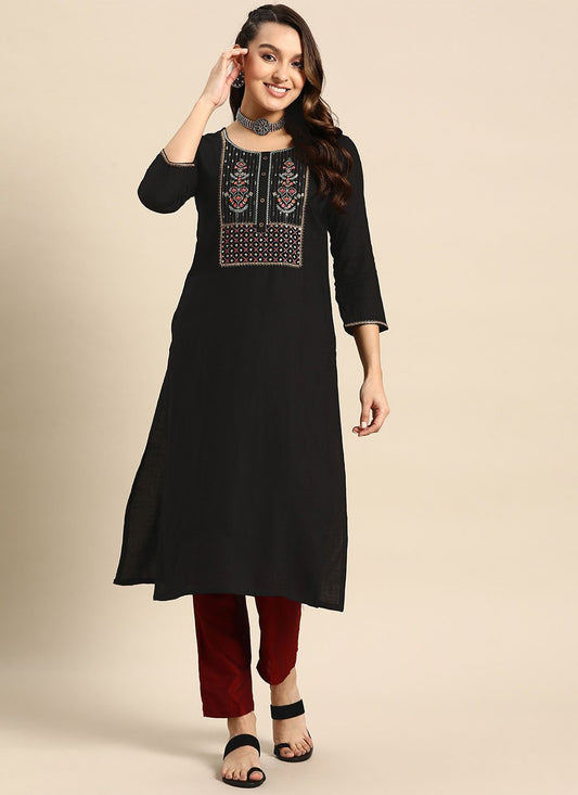 Party Wear Kurti Poly Rayon Black Embroidered Kurtis