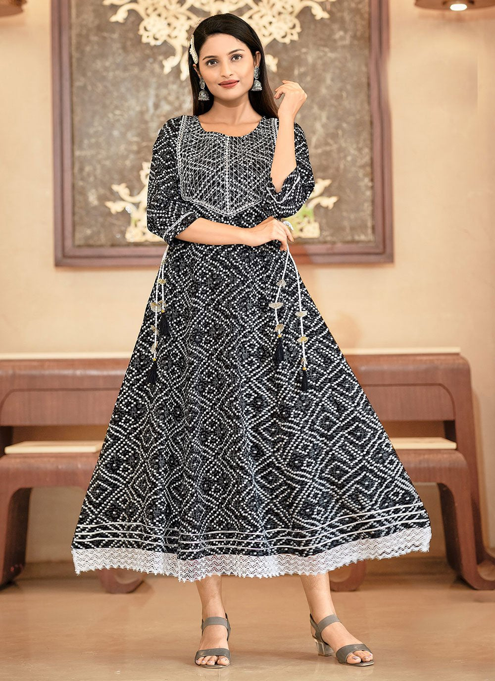 Party Wear Kurti Rayon Black Bandhej Kurtis