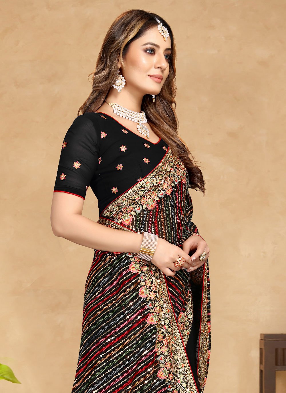 Contemporary Georgette Black Embroidered Saree