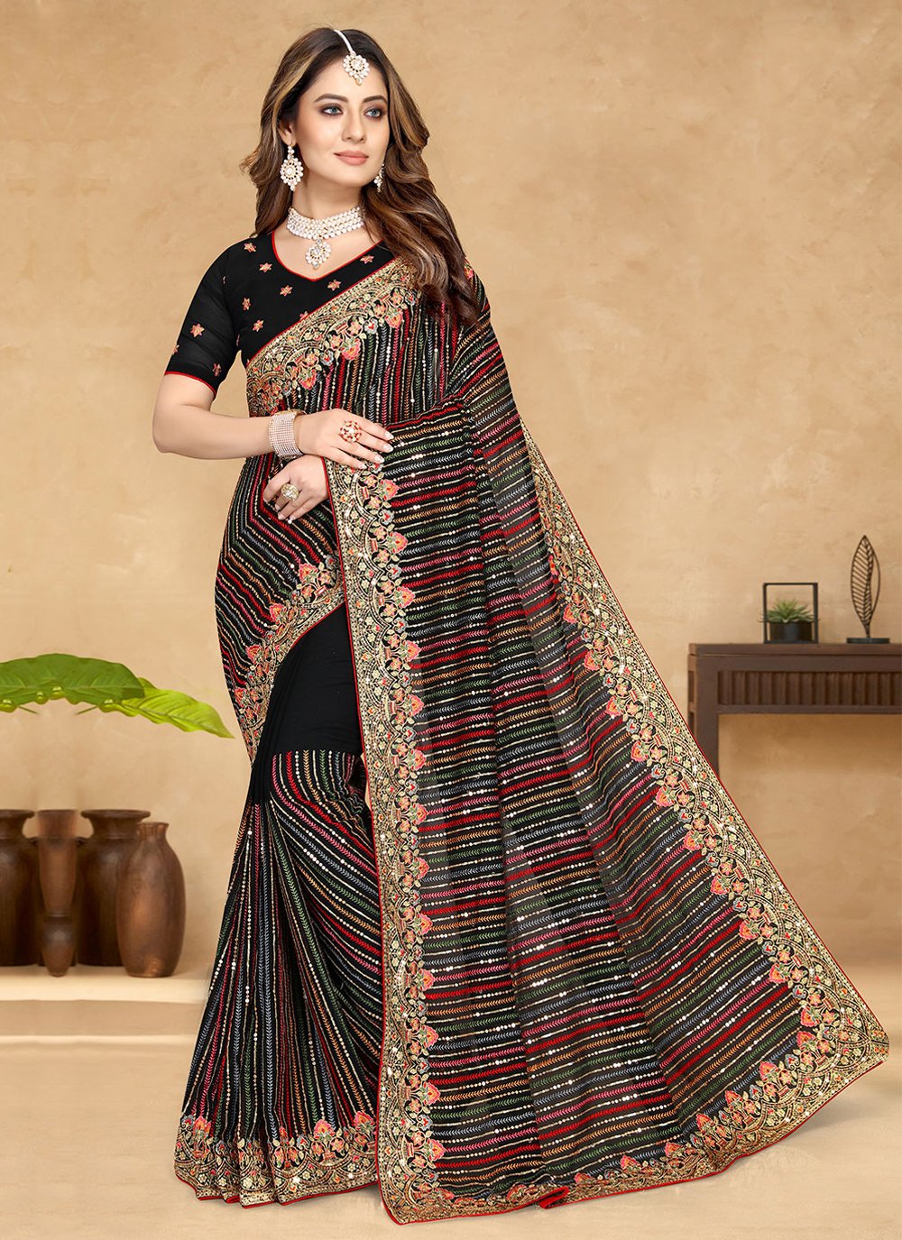 Contemporary Georgette Black Embroidered Saree