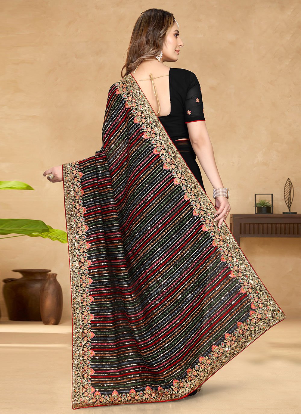 Contemporary Georgette Black Embroidered Saree