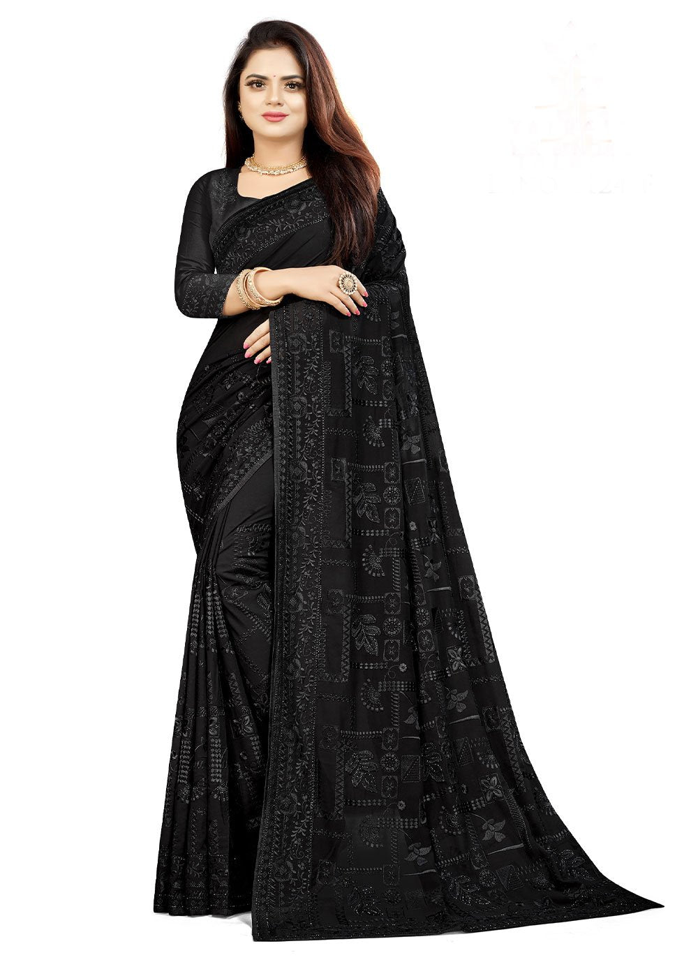 Classic Georgette Black Embroidered Saree