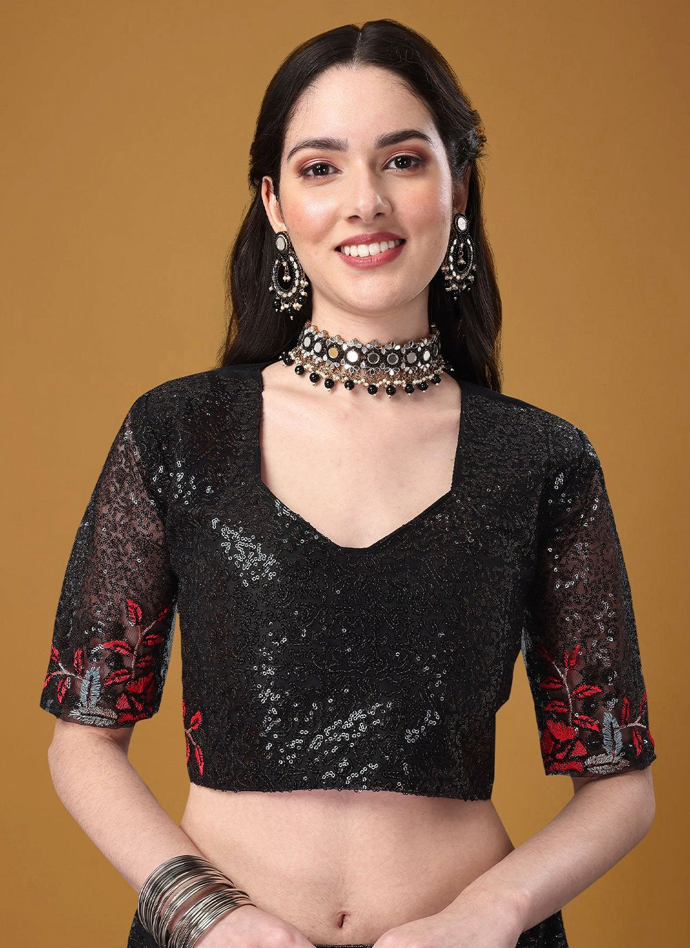 A Line Lehenga Satin Silk Black Embroidered Lehenga Choli