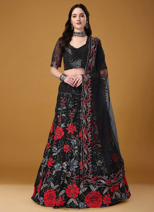 A Line Lehenga Satin Silk Black Embroidered Lehenga Choli