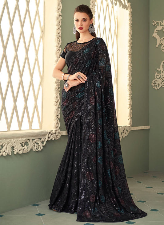 Classic Georgette Black Embroidered Saree