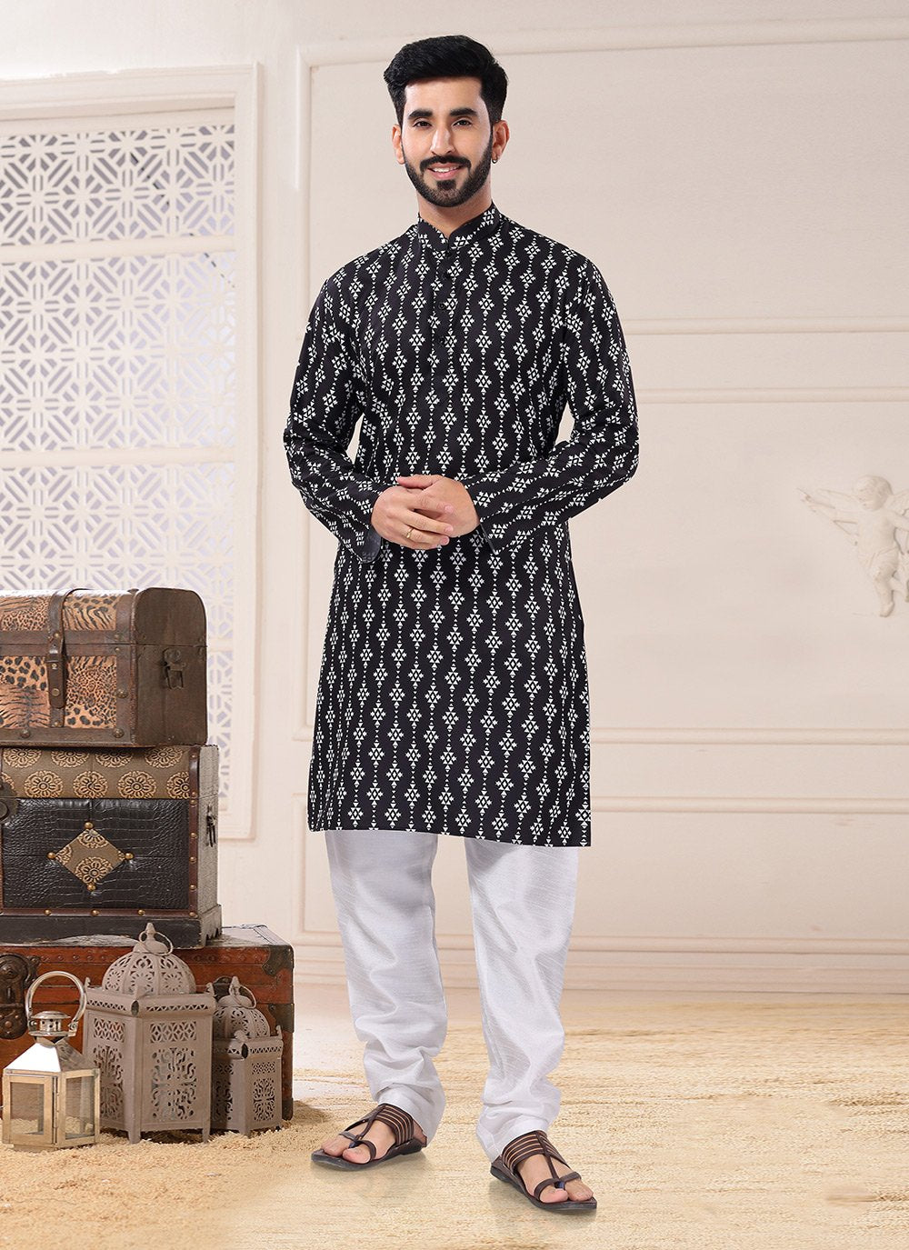 Kurta Pyjama Cotton Black Fancy Work Mens