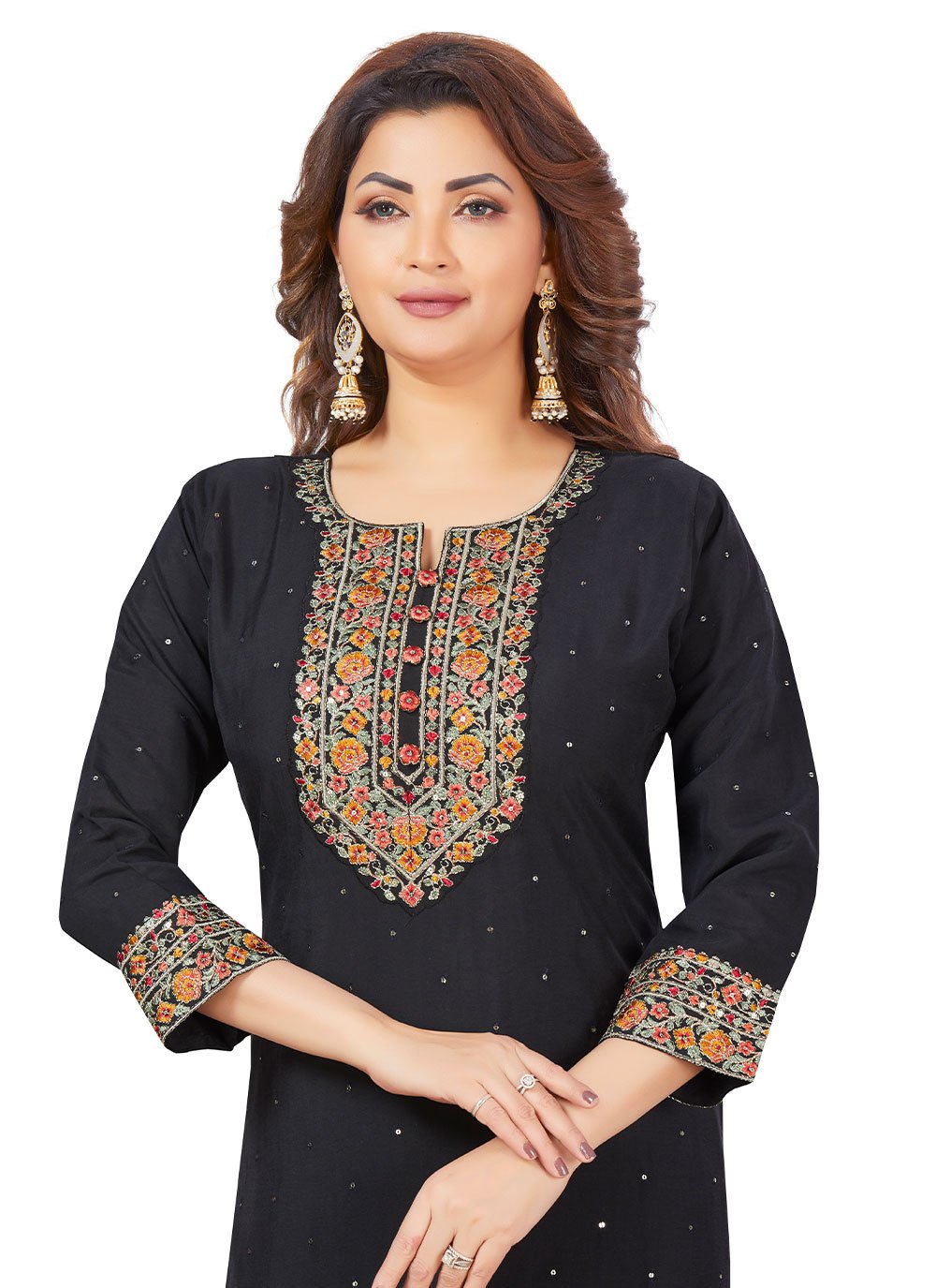 Salwar Suit Chanderi Black Embroidered Salwar Kameez