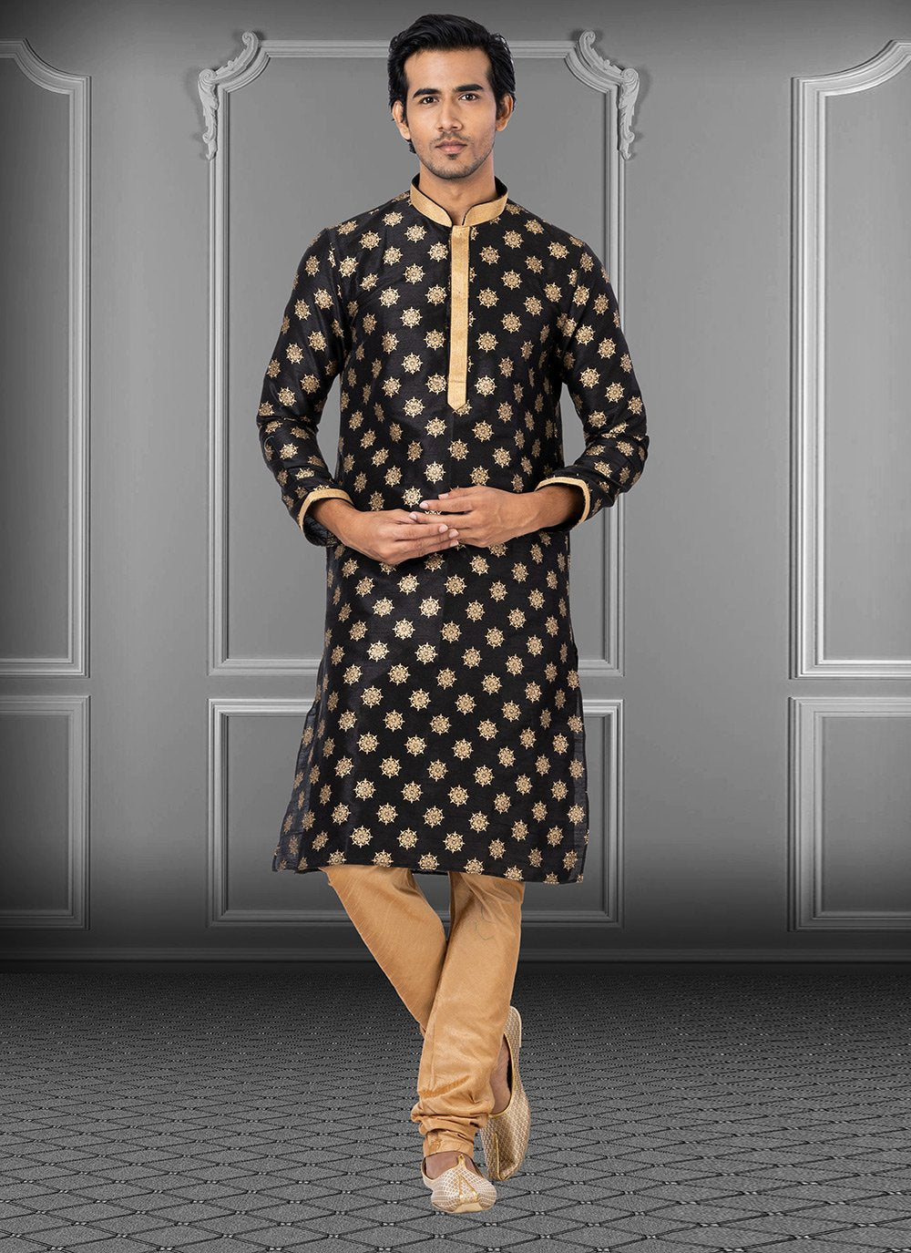 Kurta Pyjama Dupion Silk Black Print Mens