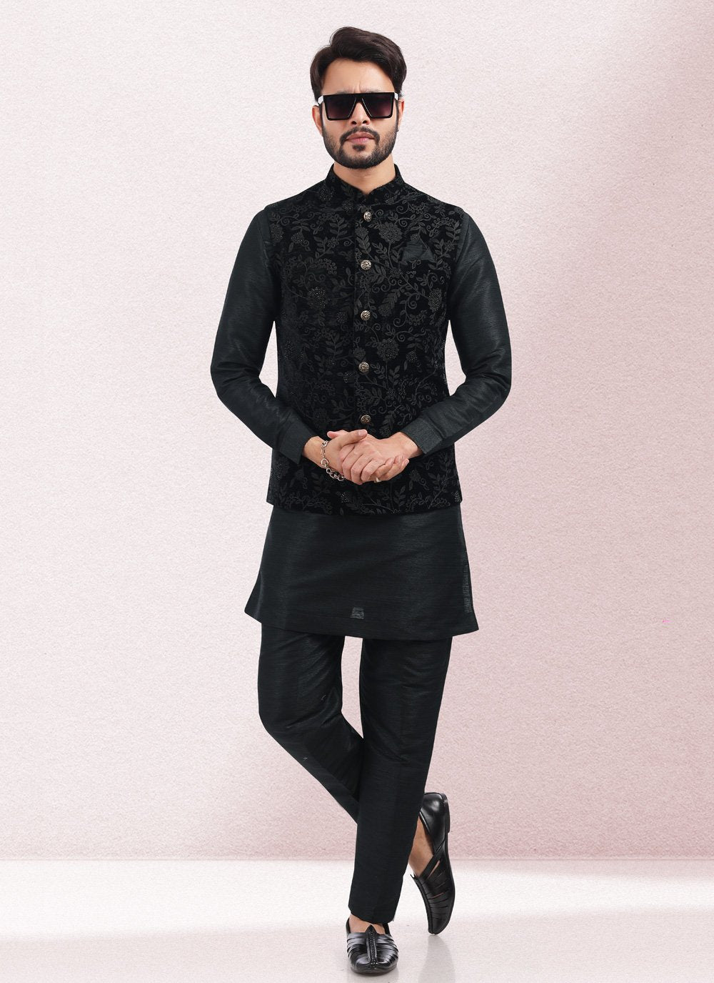 Kurta Payjama With Jacket Art Banarasi Silk Black Embroidered Mens