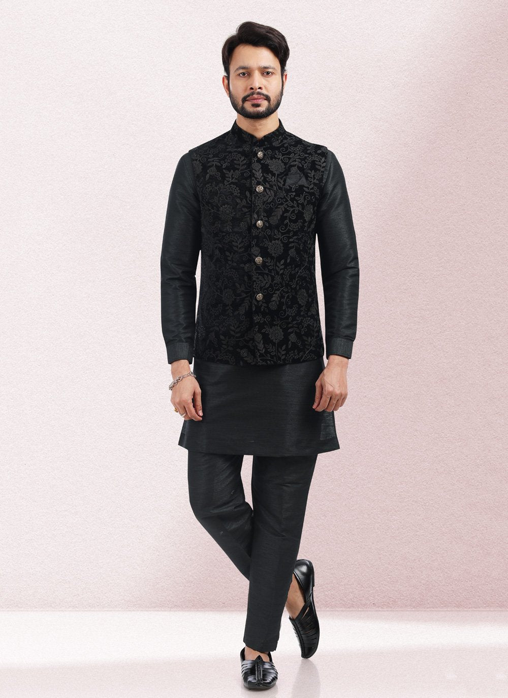 Kurta Payjama With Jacket Art Banarasi Silk Black Embroidered Mens