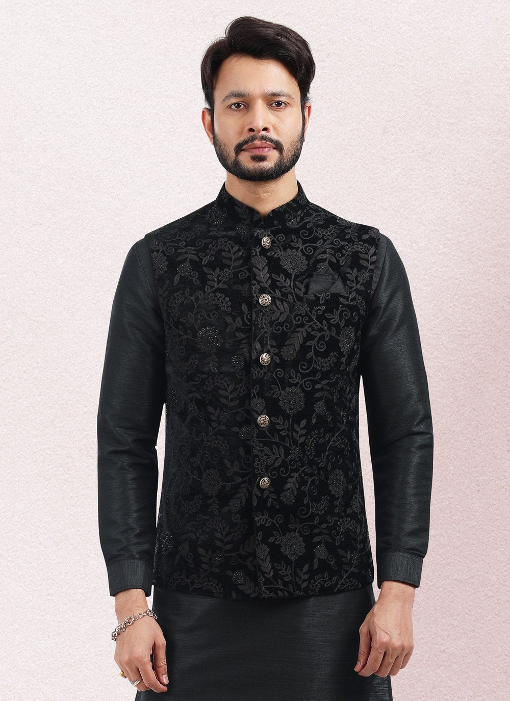 Kurta Payjama With Jacket Art Banarasi Silk Black Embroidered Mens