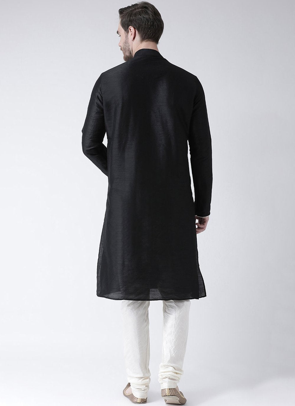 Kurta Pyjama Art Dupion Silk Black Embroidered Mens