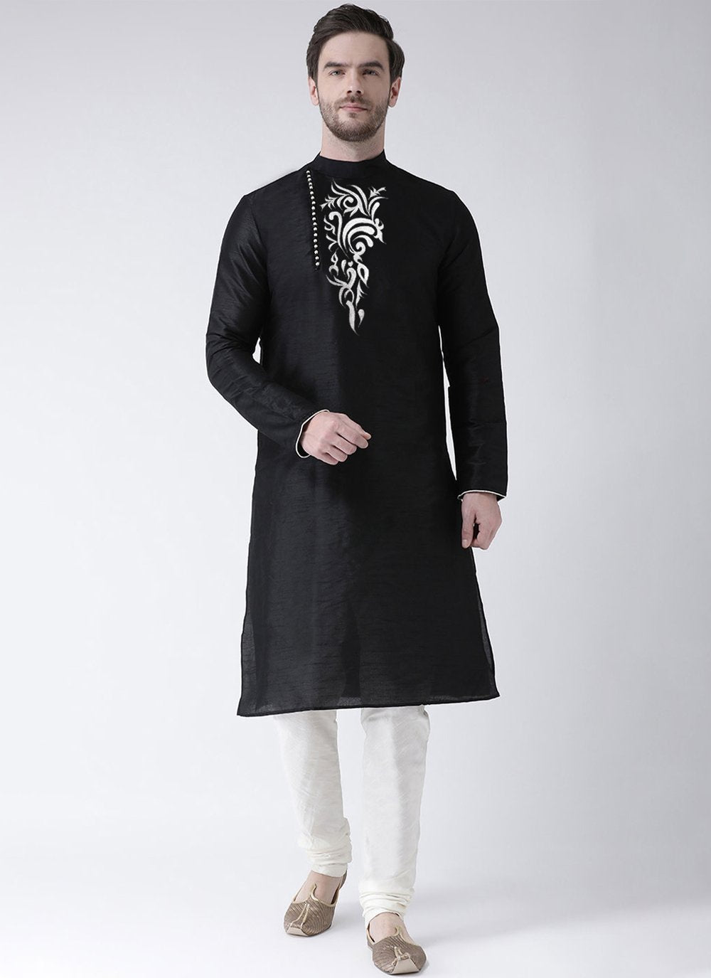 Kurta Pyjama Art Dupion Silk Black Embroidered Mens