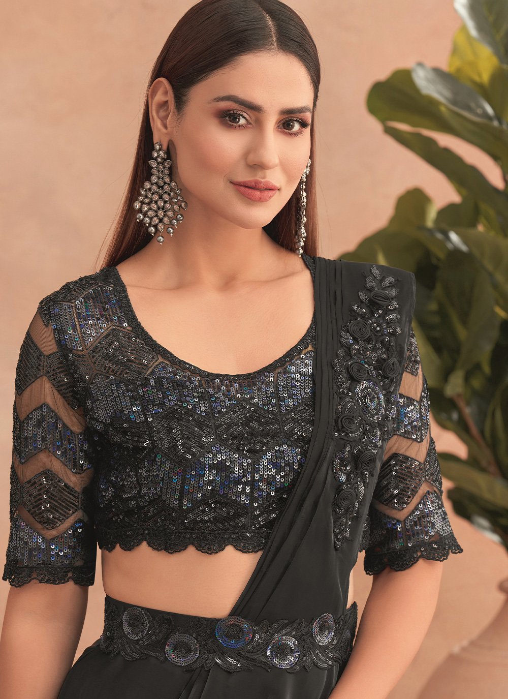 Lehenga Style Saree Net Black Embroidered Saree