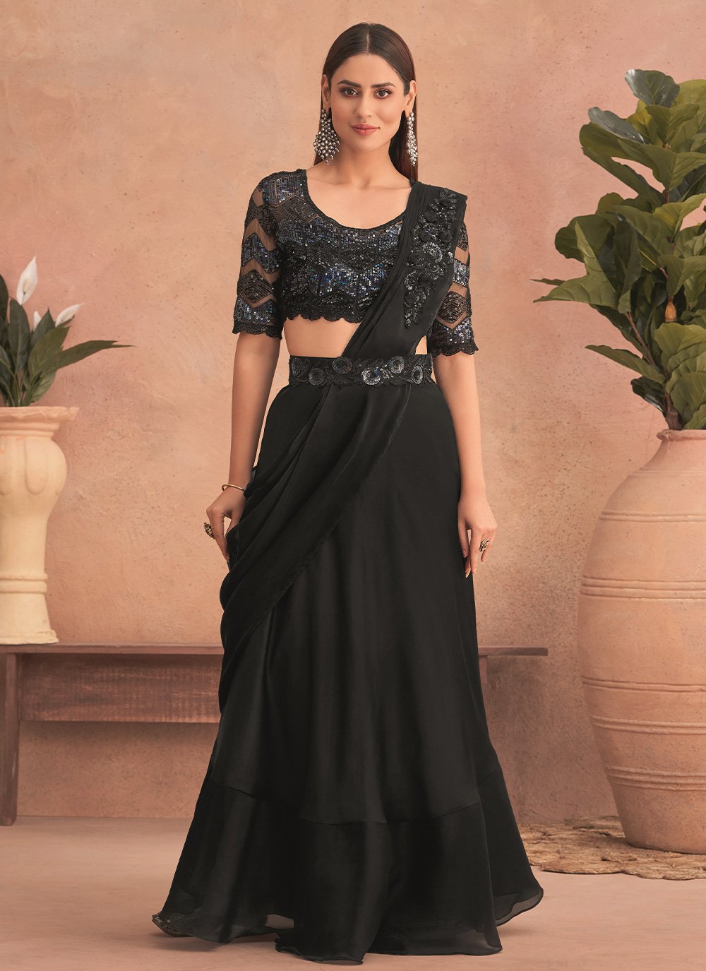 Lehenga Style Saree Net Black Embroidered Saree