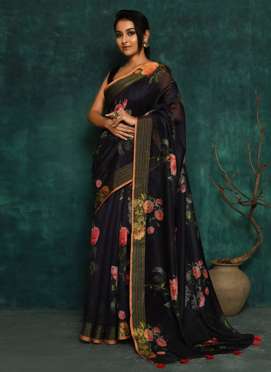 Designer Fancy Fabric Black Digital Print Saree