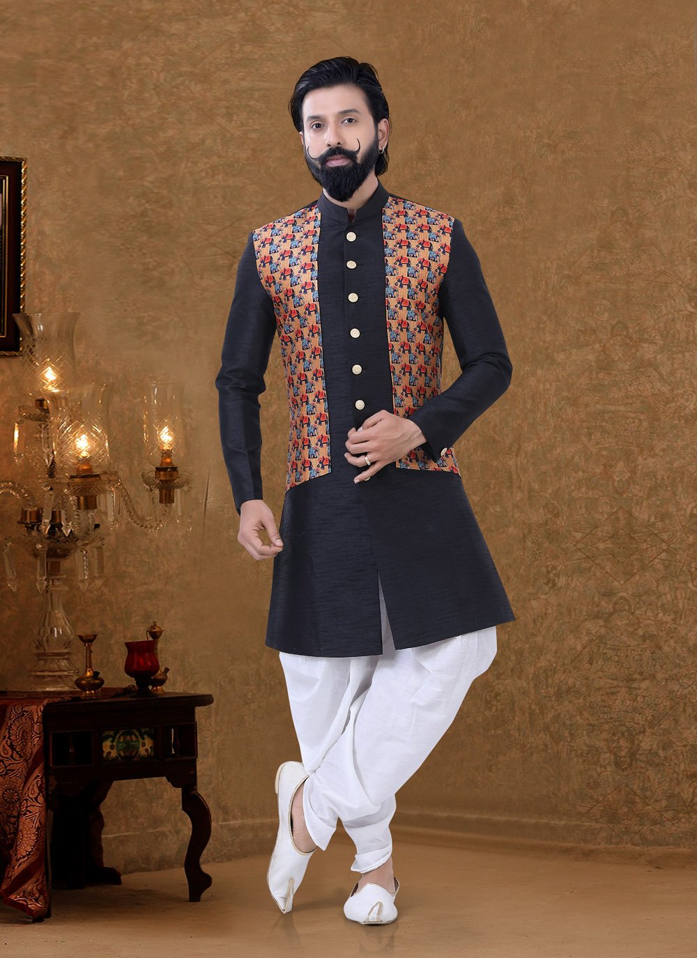 Dhoti Kurta Silk Black Fancy Work Mens