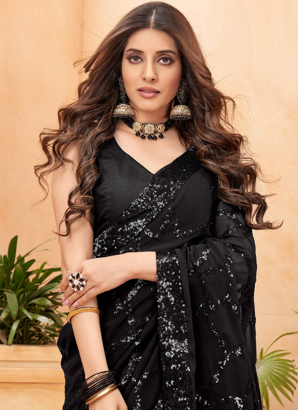 Traditional Saree Faux Georgette Black Sequins Saree