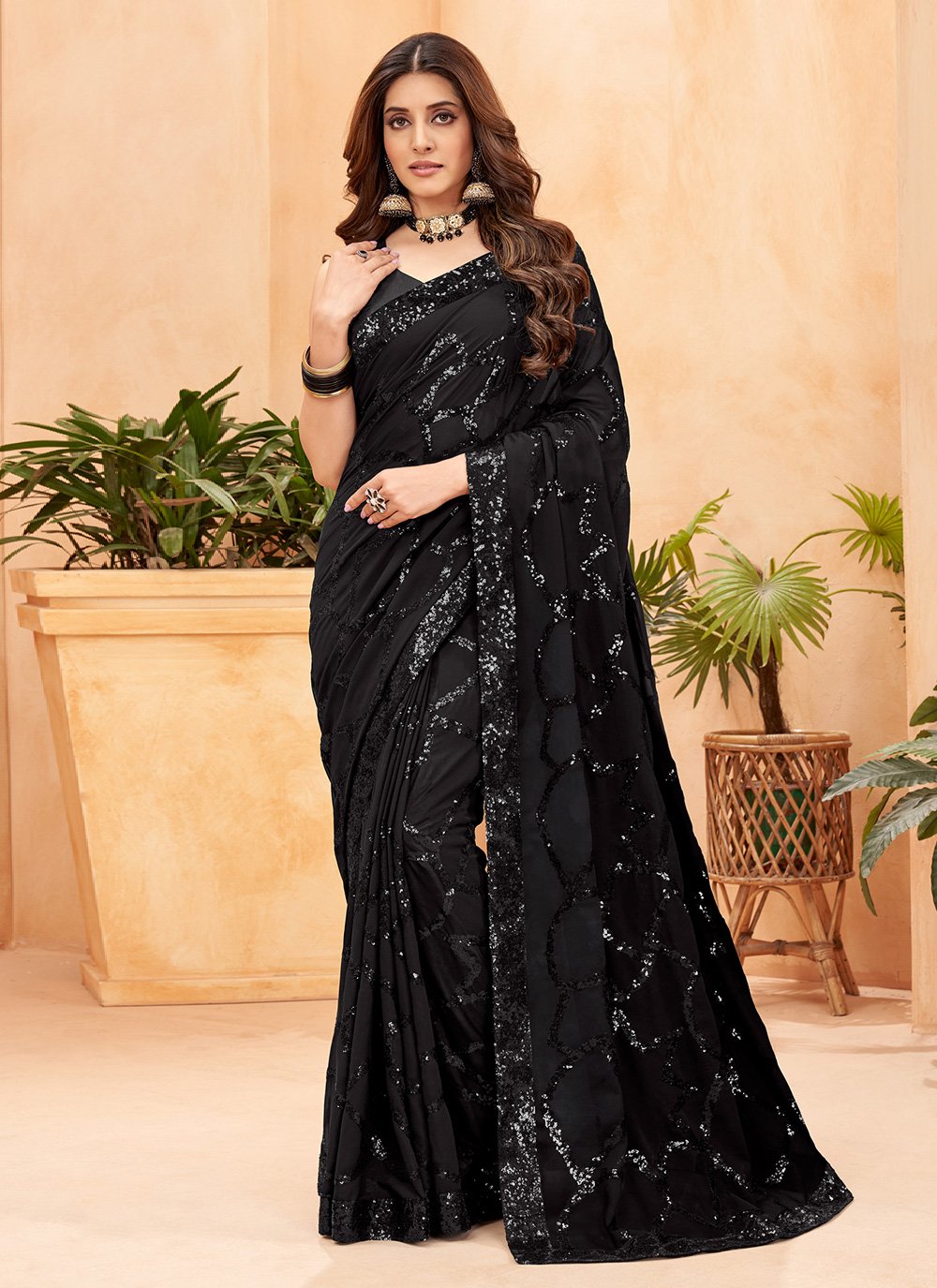 Traditional Saree Faux Georgette Black Sequins Saree